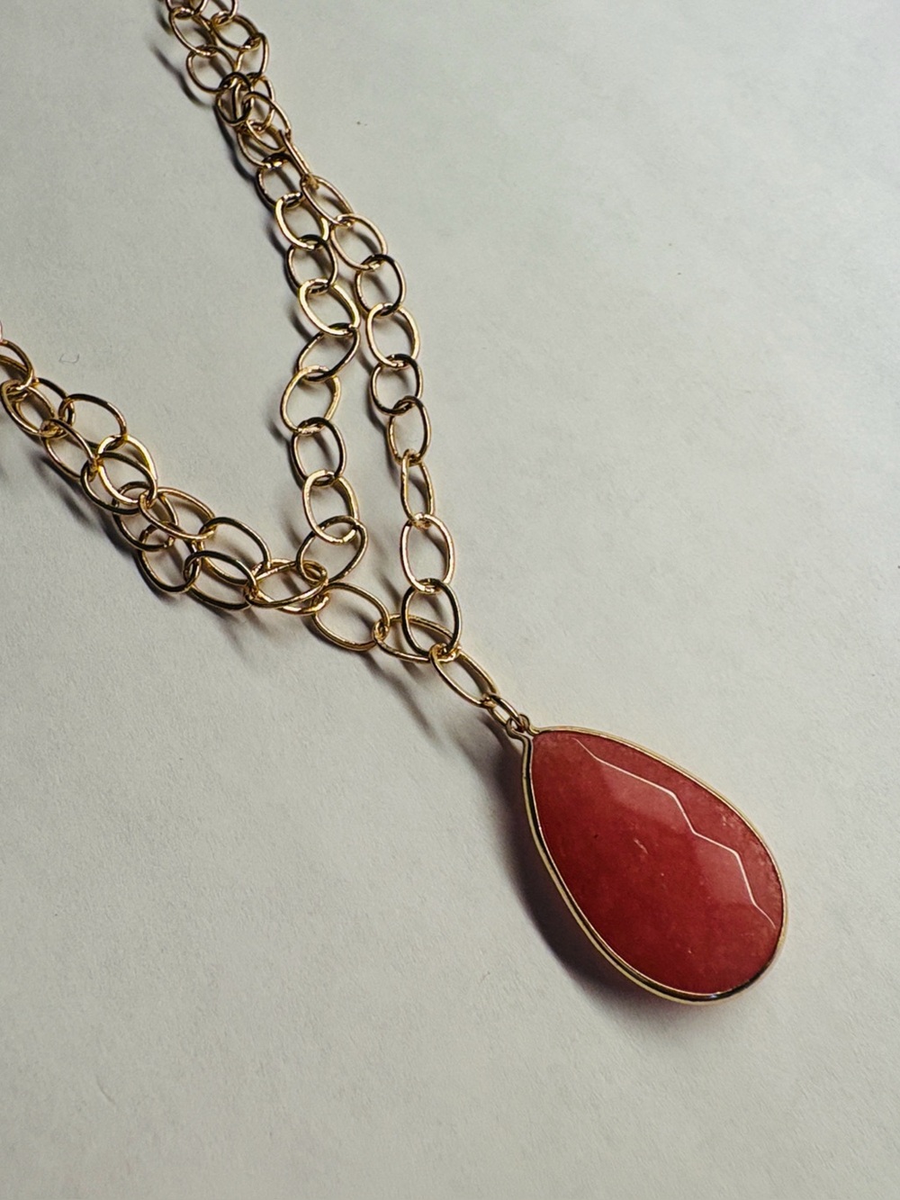 Gold Chain Necklace with Pink Teardrop Pendant